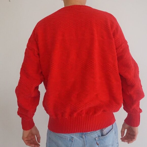 VTG 80s Spotlite Red 3D Eclectic Biggie Cosby Chunky Knit Crewneck Sweater XL - Picture 2 of 9